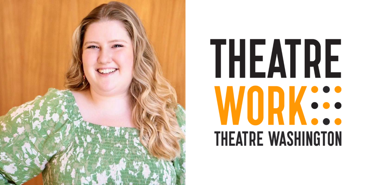 white woman with curly blonde hair and green shirt, theatre work theatre washington logo