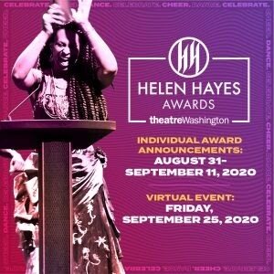HHA promo image, artist raising award over her head next to event dates