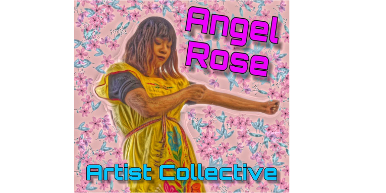 person in yellow in front of a pink background with angel rose in pink and artist collective in teal