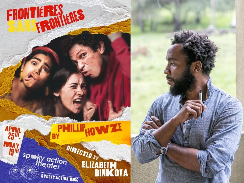 On the left, a colorful show poster showing three actors, on the right the playwright Phillip Howze.