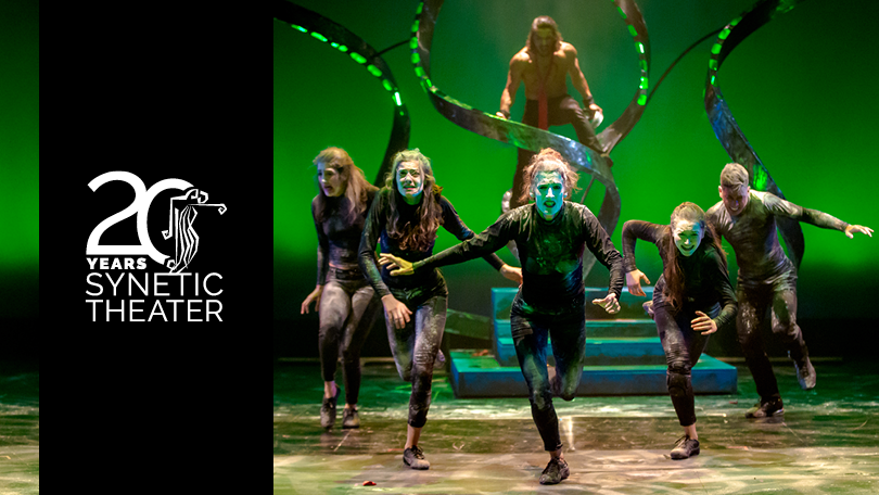 ensemble photo lit in green with a black band on the left reading 20 years synetic theater