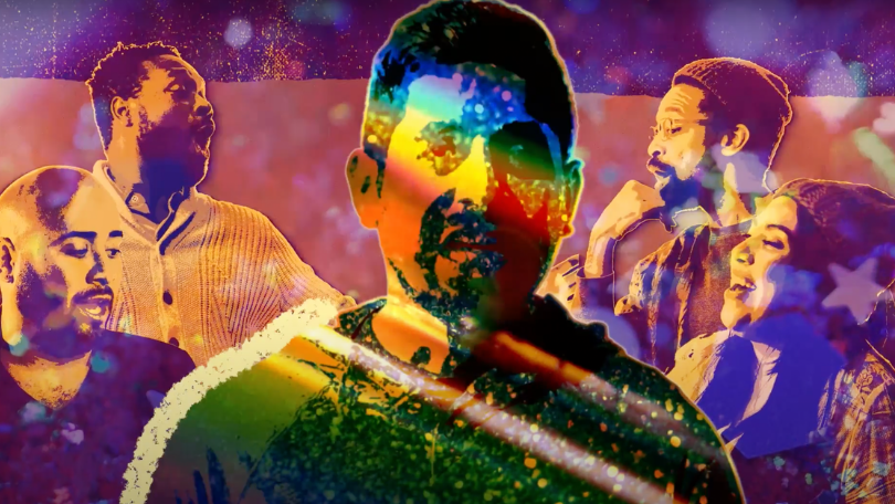 collage of actors with man center front with rainbow across his face and purple orange filter on whole image