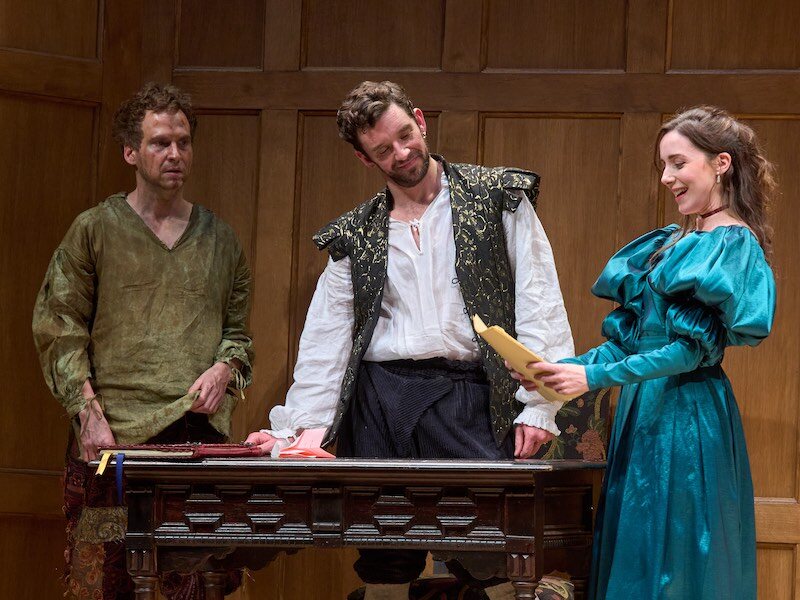 RYAN SPAHN AS FRANCIS, MICHAEL URIE AS WILLIAM SHAKESPEARE, AND PLAYWRIGHT TALENE MONAHON AS ANNE HATHAWAY IN ‘JANE ANGER.’