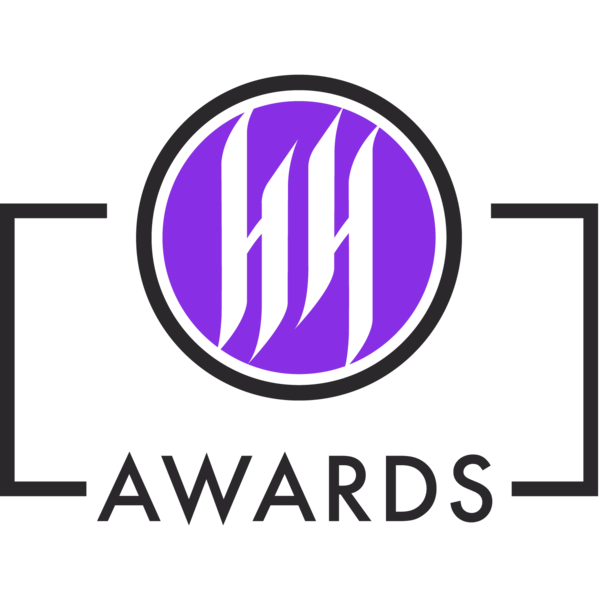 two stylized h's over awards in black and purple